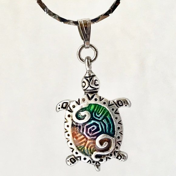 Silver Sea Turtle Pendant Necklace Colorful Enamel Plated 19" Nautical Island - Picture 13 of 14